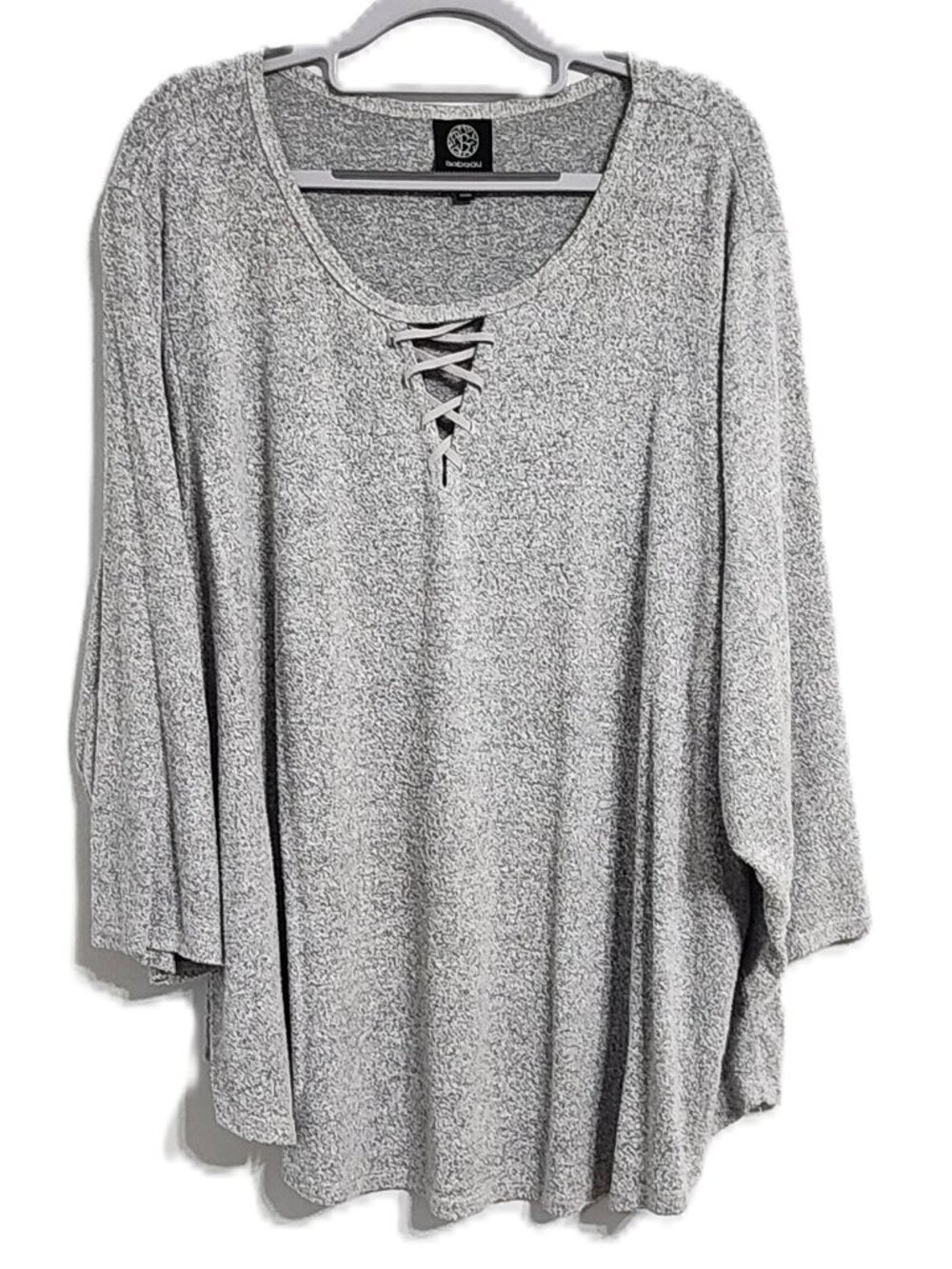 Bobeau Women’s Plus Size 3X Gray Marled Lace-Up 3/4 Sleeve